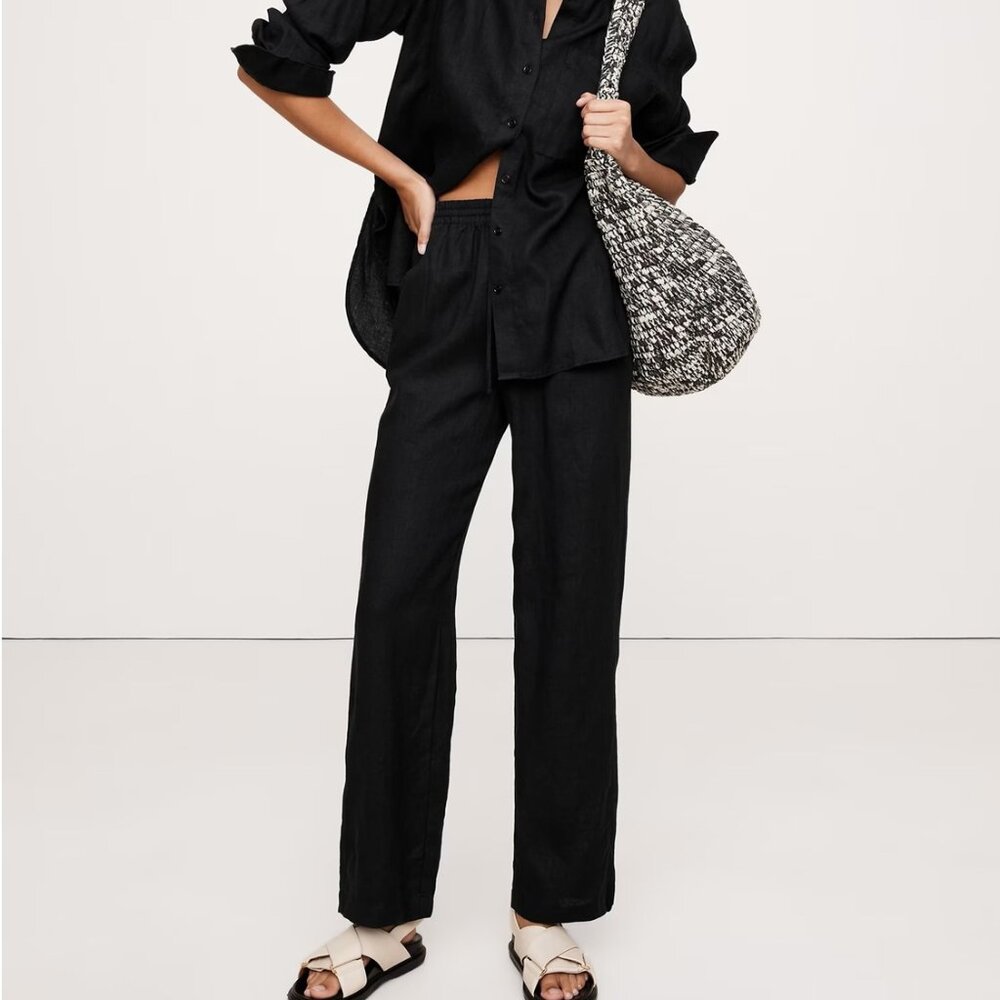NWT Banana Republic Black Euro Linen Relaxed Pull-On Ankle Pants XS
